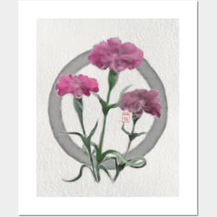 zen circle with sumiE watercolor pink carnations Posters and Art